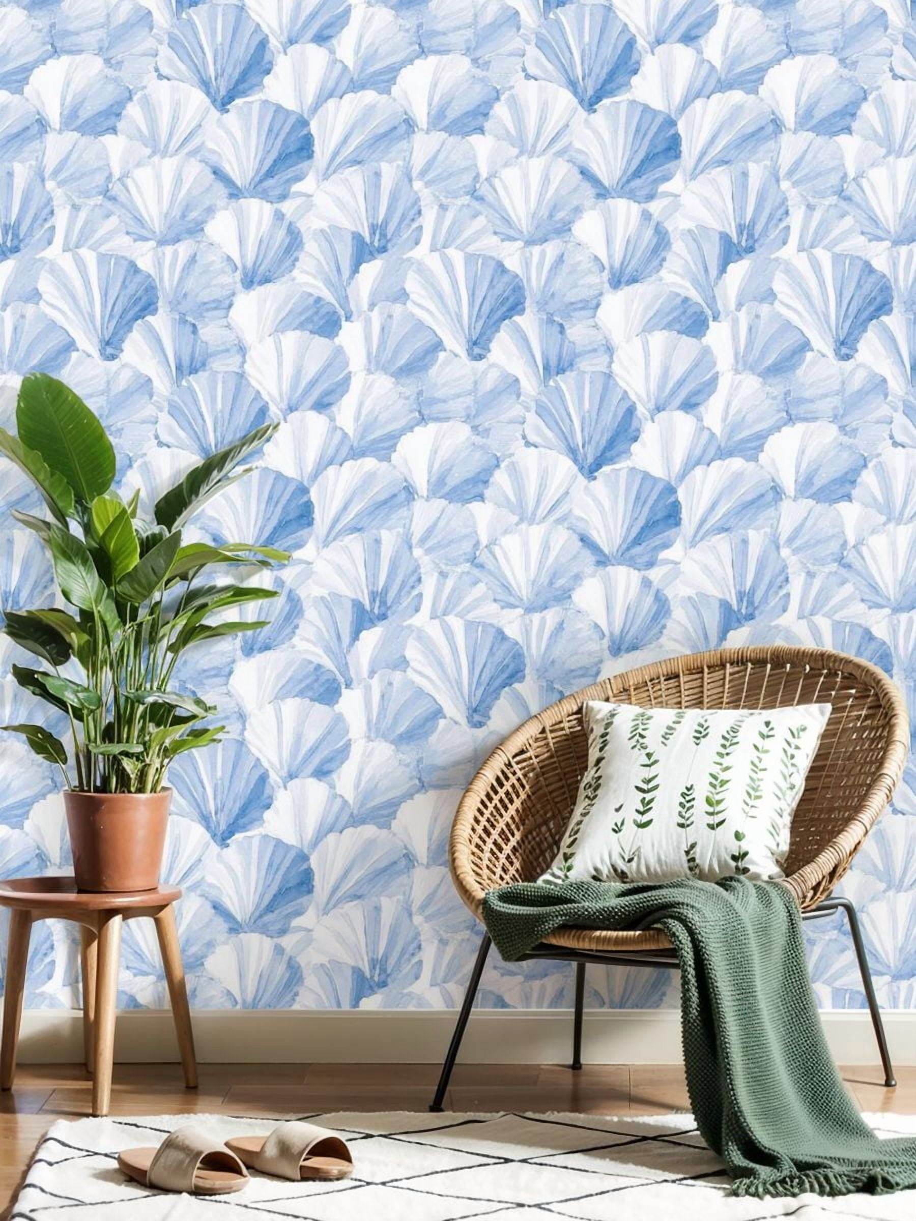 Coastal Peel and Stick Wallpaper Blue White Watercolor Fan Shell Contact Paper 17.7in x 9.8ft Wallpaper Removable Self Adhesive Wall Paper for Bedroom