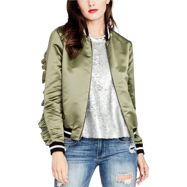 Chaqueta bomber con volantes para mujer Rachel Roy verde mediana