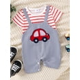 thumbnail image 2 of Cenuakty Baby Boy Short Sleeve Romper Round Neck Striped Car Patch Fake Two-Pieces Jumpsuit Infant Toddler Summer Clothes, 2 of 9