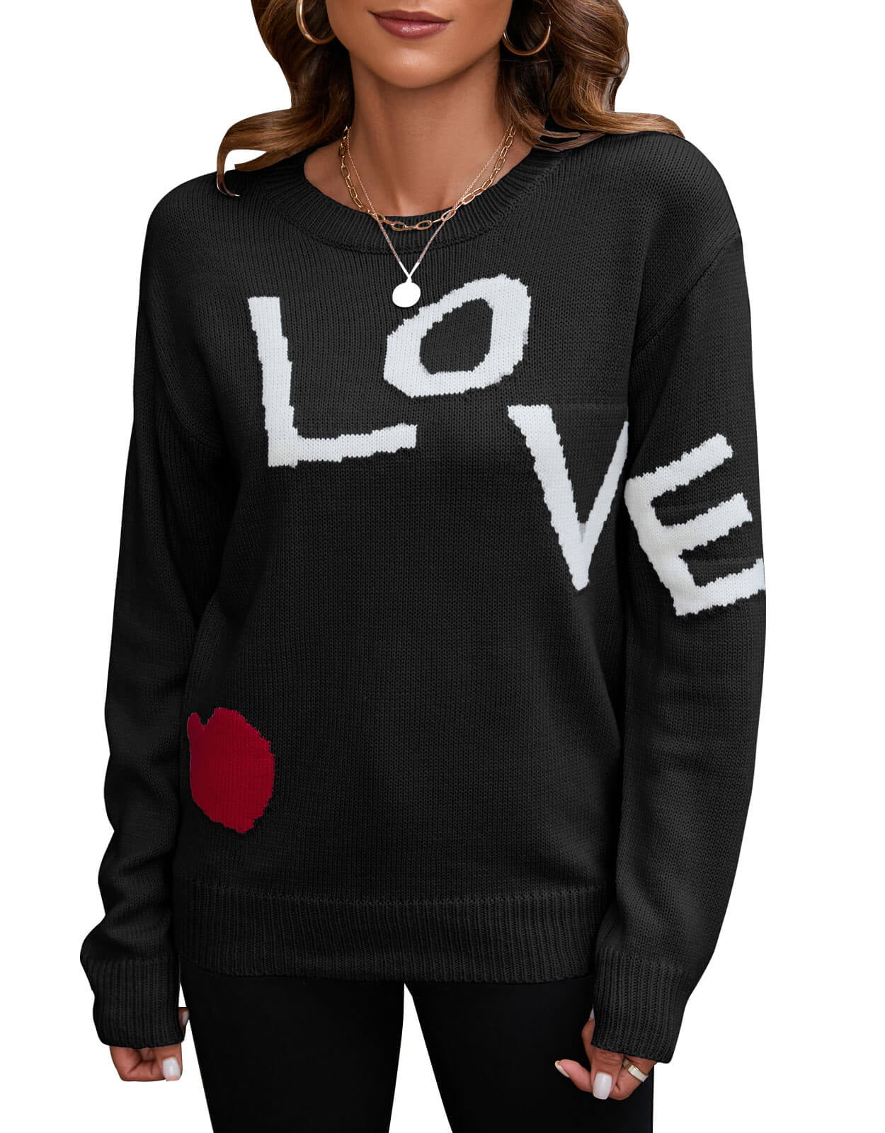 Pullover Sweaters for Women Long Sleeve Crewneck Cute Heart Knitted ...