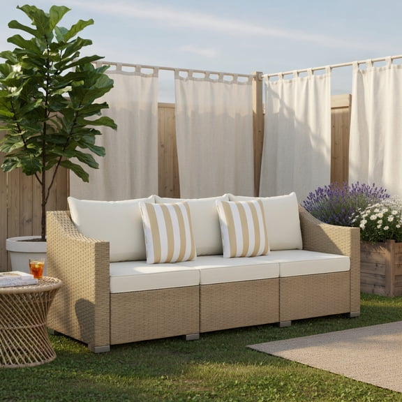 Resenkos 3-Piece All-Weather PE Rattan Outdoor Sofa Set with Cream White Cushions & Throw Pillows – Weatherproof Wicker Patio Couch for Deck, Backyard, Balcony