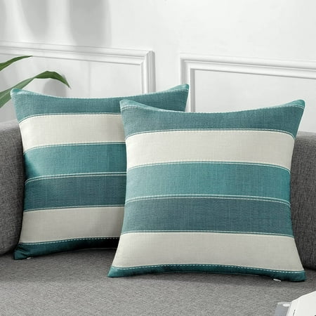 

AmHoo Pack of 2 Farmhouse Stripe Check Throw Pillow Covers Set Case Cotton Linen Decorative Pillowcases Cushion Cover for Couch Bench Sofa 16x16 Inch Teal Blue