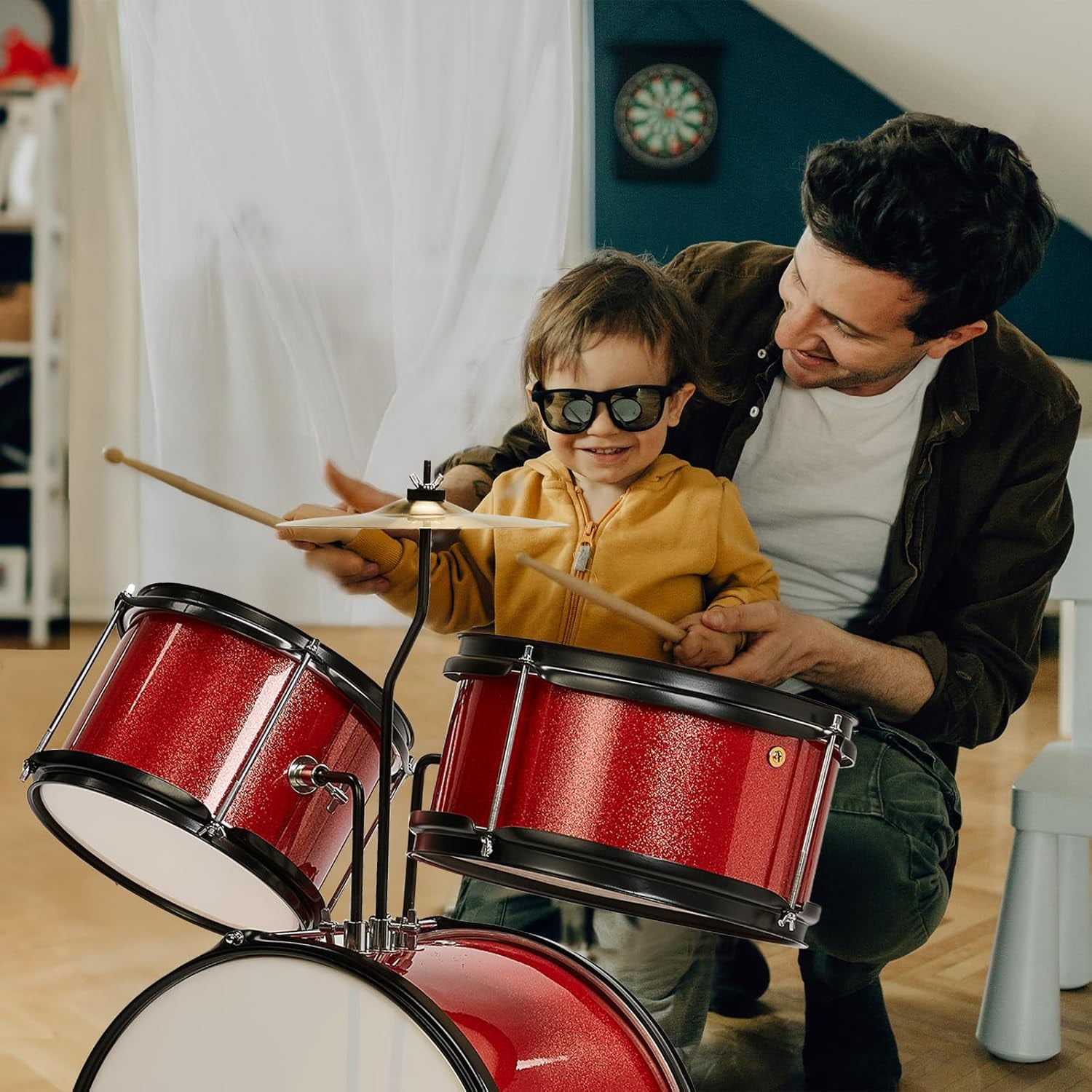 3-Piece Drum Set, 14 Inch Beginners Drums Kit with Throne Stool, Pedal & 2 Pairs of Drumsticks, Junior Drums Set Musical Instruments W/Cymbal, Tom, and Snare Drum (Red)
