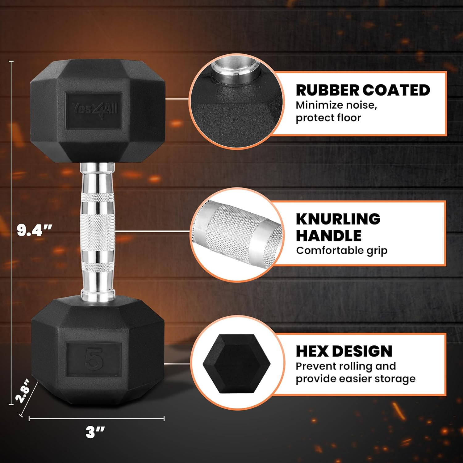 Yes4All 5 LBS Pair of Chrome Grip Encased Hex Dumbbells – Durable Hand Weights with Anti-Slip Design, Perfect for Strength Training and Workouts