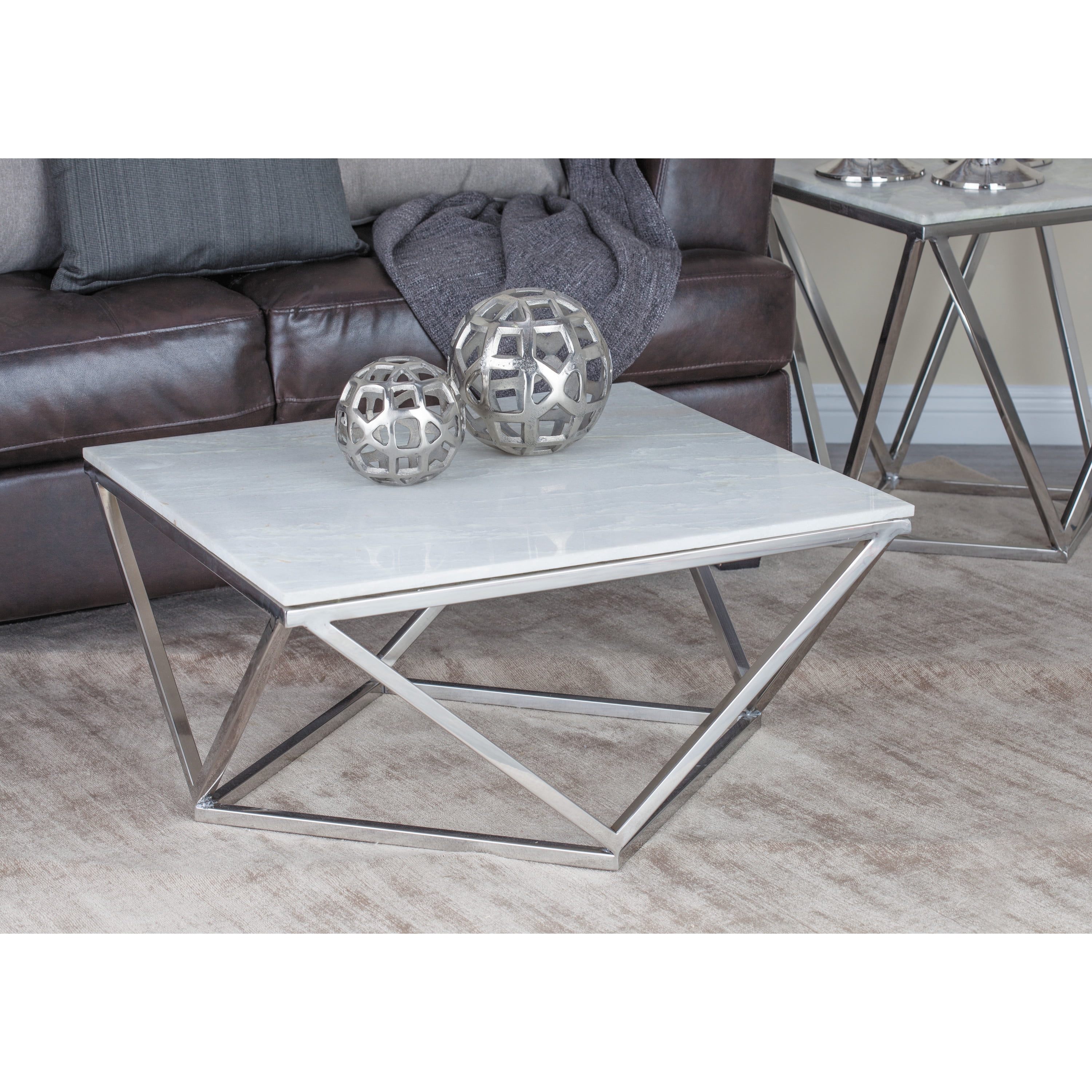 DecMode 29" x 18" White Ceramic Coffee Table with Marble Top, 1-Piece