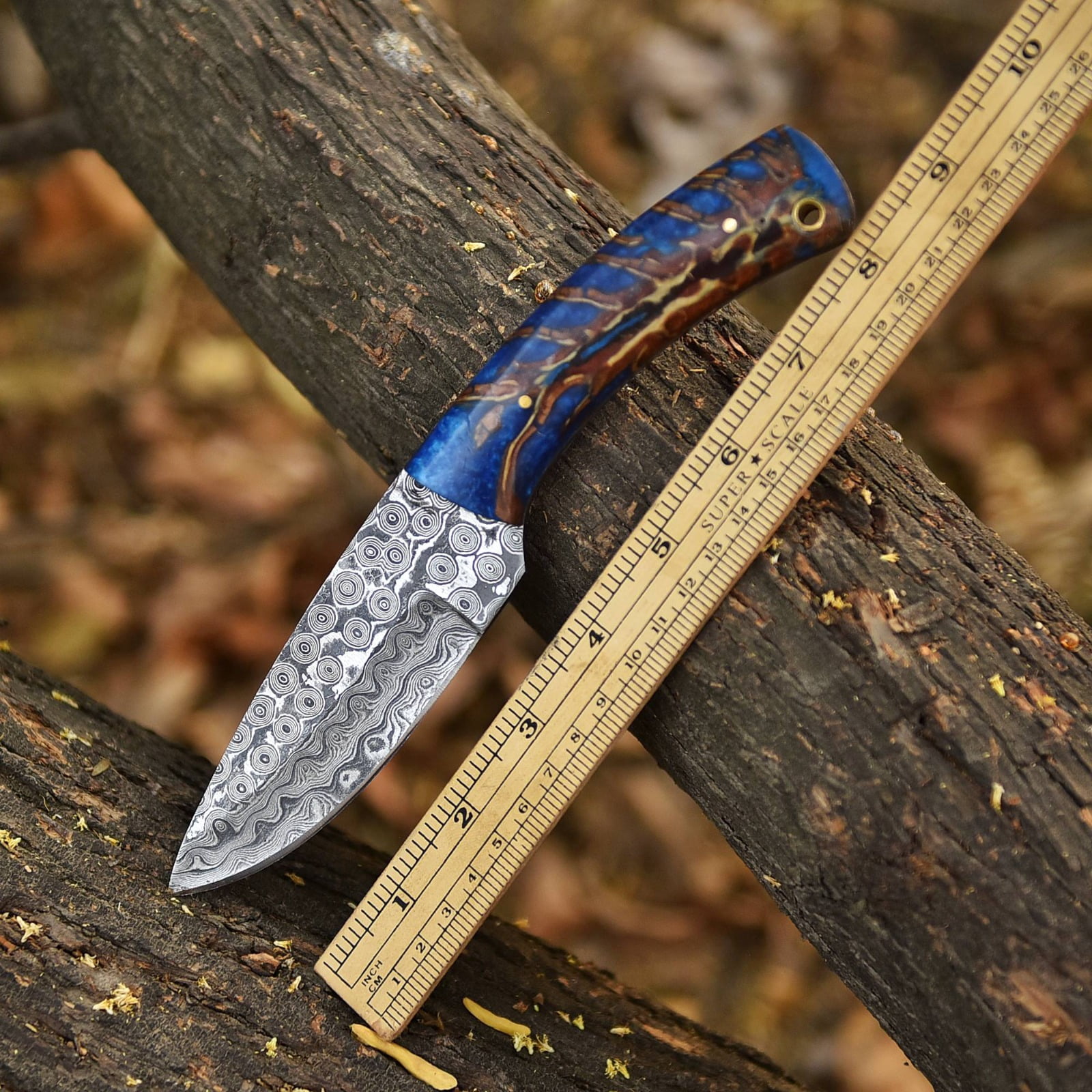 Handmade Forged Rain Pattern Damascus Steel Fix Blade Knife Pinecone Handle