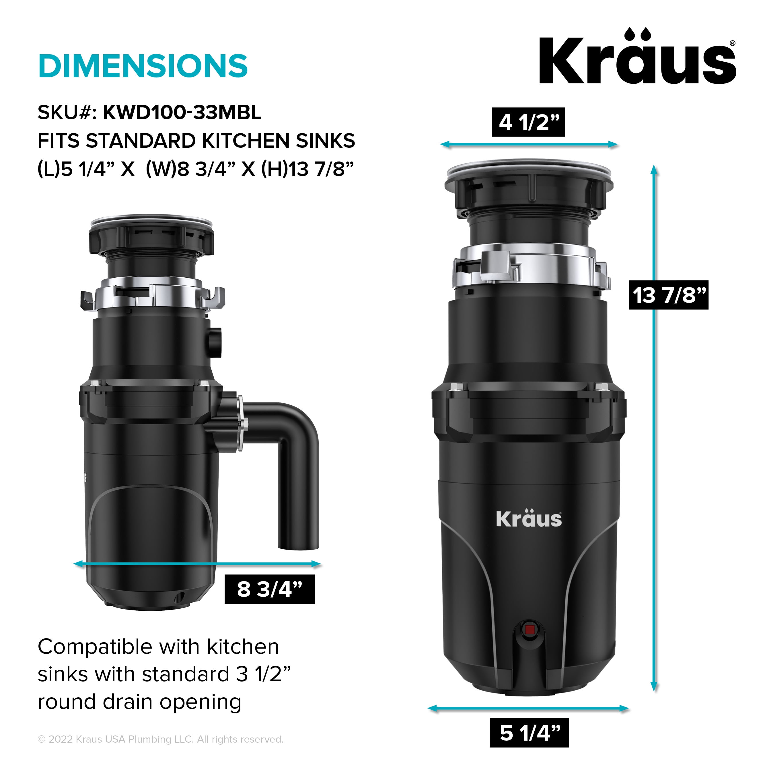 Open Box KRAUS WasteGuard High-Speed 1/3 HP Continuous Feed Ultra-Quiet Motor Garbage Disposal with Quick Connect Mount, Power Cord and Flange Included