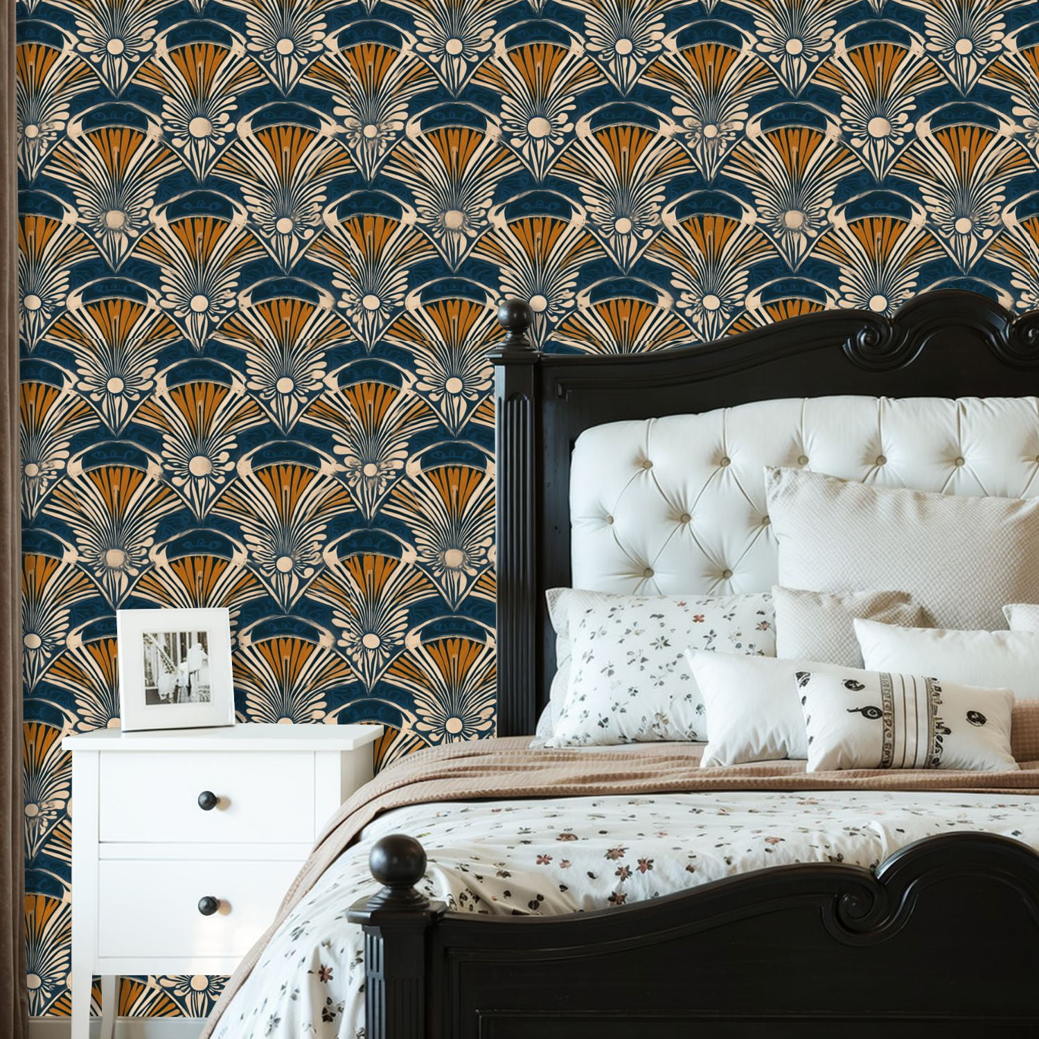Vintage Peel and Stick Wallpaper Art Deco Fan Navy Blue Gold Geometric Floral Wall Mural 23.6in x 9.8ft Self Adhesive Removable Wall Paper Renter Friendly Wallpaper for Nursery Bedroom Cabinets