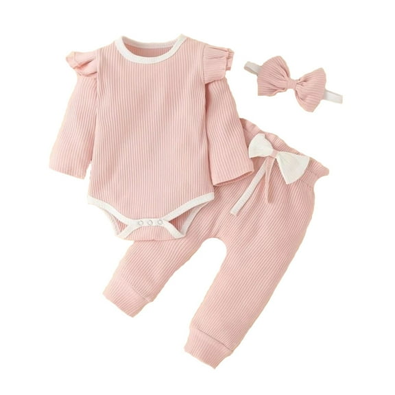 Byoo Baby Girls Ribbed Long Sleeve Romper Pants Set with Bow Tie Hairband Cute Outfits
