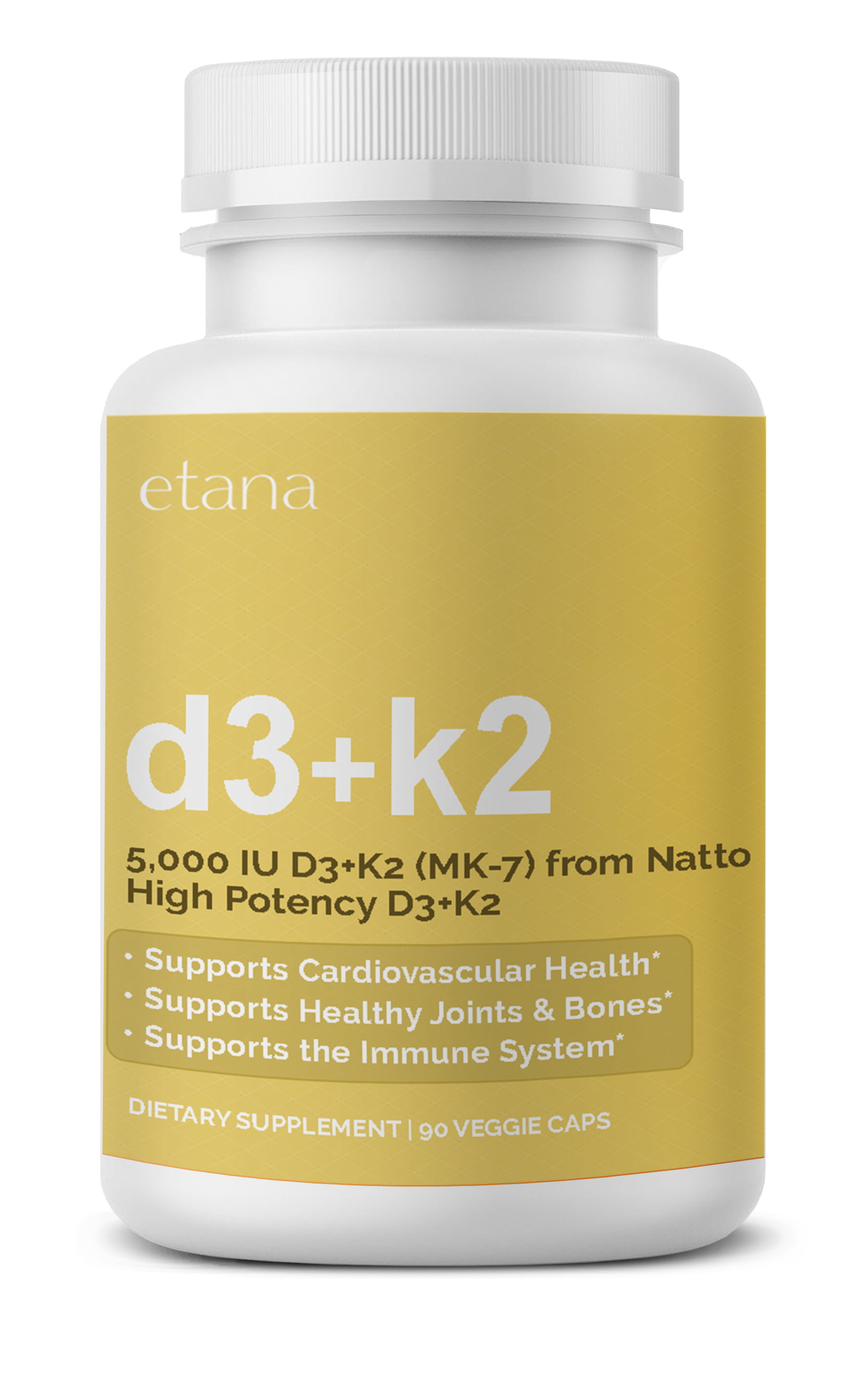 D3 + K2 &ndash; Vitamin D3 (5,000 IU) + Vitamin K2 (MK-7) &ndash; Etana Beauty &ndash; 90 Day Supply &ndash; High-Potency, Bioavailable MK-7 from Japanese Fermented Natto