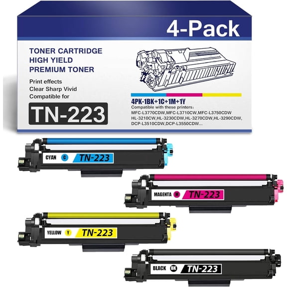 4PK (1BK 1C 1M 1Y) TN223BK TN223C TN223M TN33Y TN223 Toner Cartridge TN-223 Compatible for Brother MFC-L3770CDW L3710CW HL-3210CW 3230CDW DCP-L3510CDW L3550CDW Printers Ink Cartridge., Black