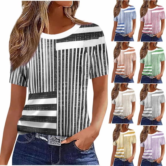 YanHoo Plus Size Shirts for Women Trendy Short Sleeve Crewneck Striped T-Shirts Casual Loose Fit Tunic Tops Summer Outdoor Tee