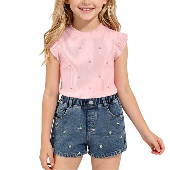Amidoa Girls 2 Piece Outfits Summer Clothes Tank Top Cute Solid Color T-Shirt and Casual Shorts Kids Clothing Sets Pink Size 4T