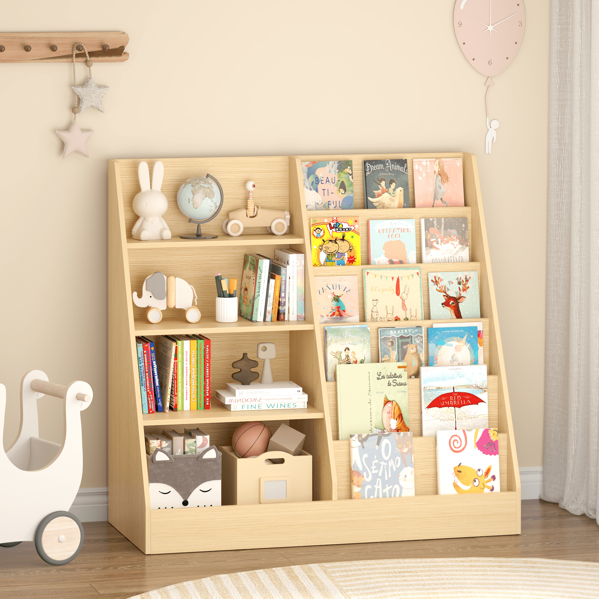 Kids Furniture Kids Bookshelf and Toy Storage Organizer, Multifunctional 4 Tier Wooden Kids Book Shelf with Bookcase Display Stand in Kids Room Playroom Nursery for Kids, Children, Toddlers (Natural)