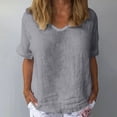 thumbnail image 2 of Delayuji Women Cotton and Linen Flower Art Short Sleeve V Neck Clause Shirt Gray Xl Polyester,Spandex Short Sleeve Shirts for Women, 2 of 3