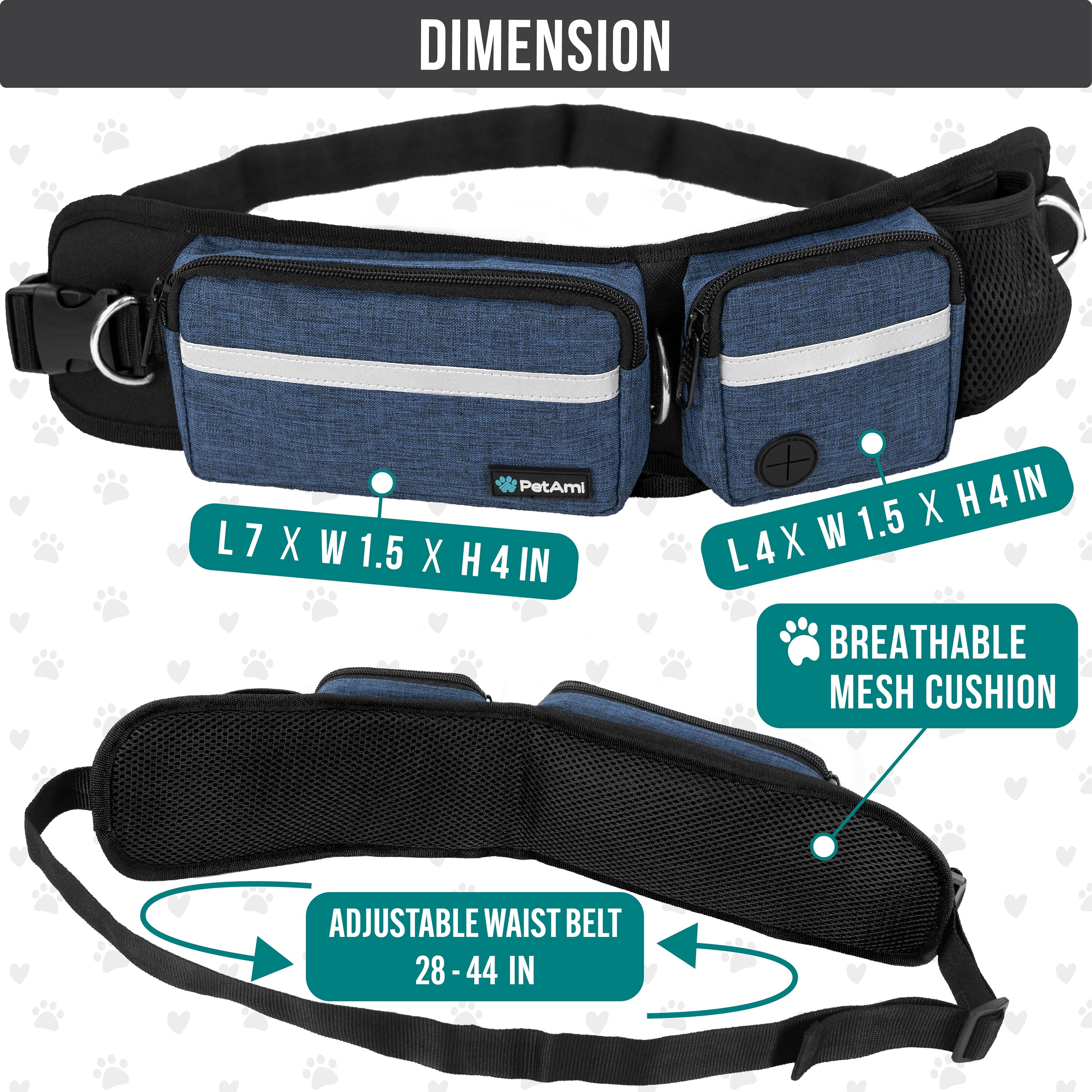 PetAmi Hands Free Dog Leash, Dog Running Leash Belt Bag for Walking, Jogging, Dog Waist Double Zipper Pouch with Poop Bag Dispenser, Dual Padded Handles Reflective Bungee Leash, Single (Navy)
