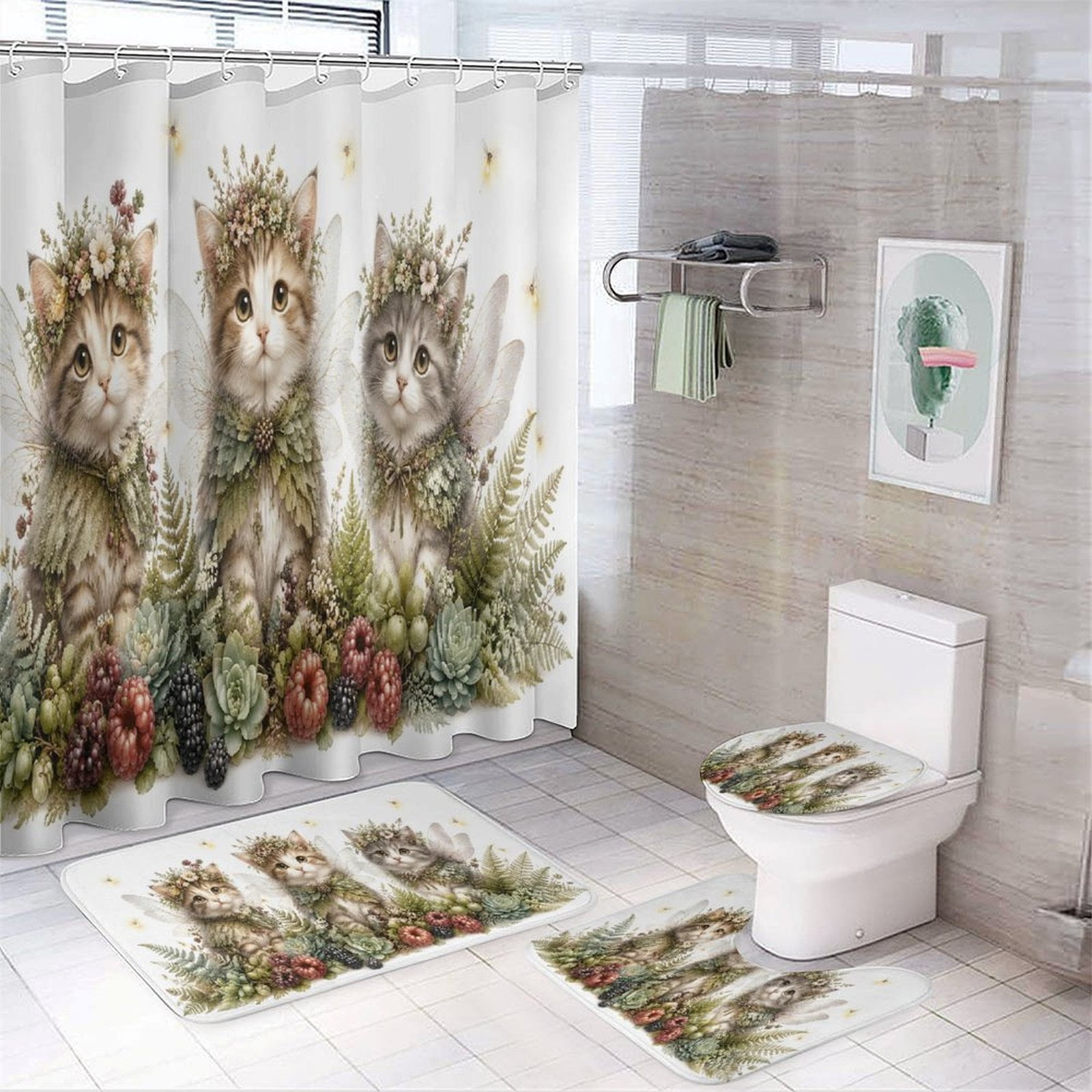 RKSupls 4PCS Fantasy Flower Crown Cat Fairy Waterproof Shower Curtain Sets with Hooks Bathroom Sets with Non-Slip Rugs Toilet Lid Cover and Bath Mat