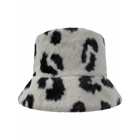 Ivory Animal Leopard Print Plush Winter Bucket Hat
