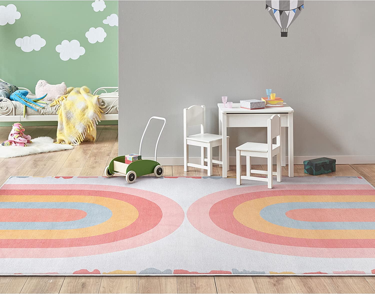 Well Woven Kids Rugs Crescent Rainbow Modern Multi Color Printed Distressed Machine Washable 3'3" x 5' Area Rug