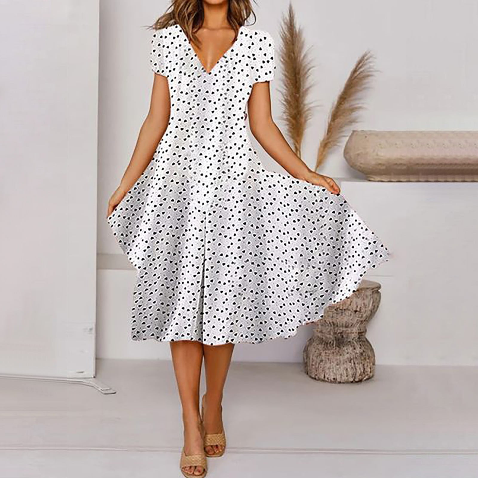 Hunpta Floral Dress For Women Midi Length Formal Round Neck Short