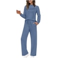 thumbnail image 3 of YOIAVAIOY Two Piece Sets for Women Fall Travel Vacation Outfits 2026 Long Sleeve Lounge Sets Side Slit Wide Leg Pants Navy XL, 3 of 10