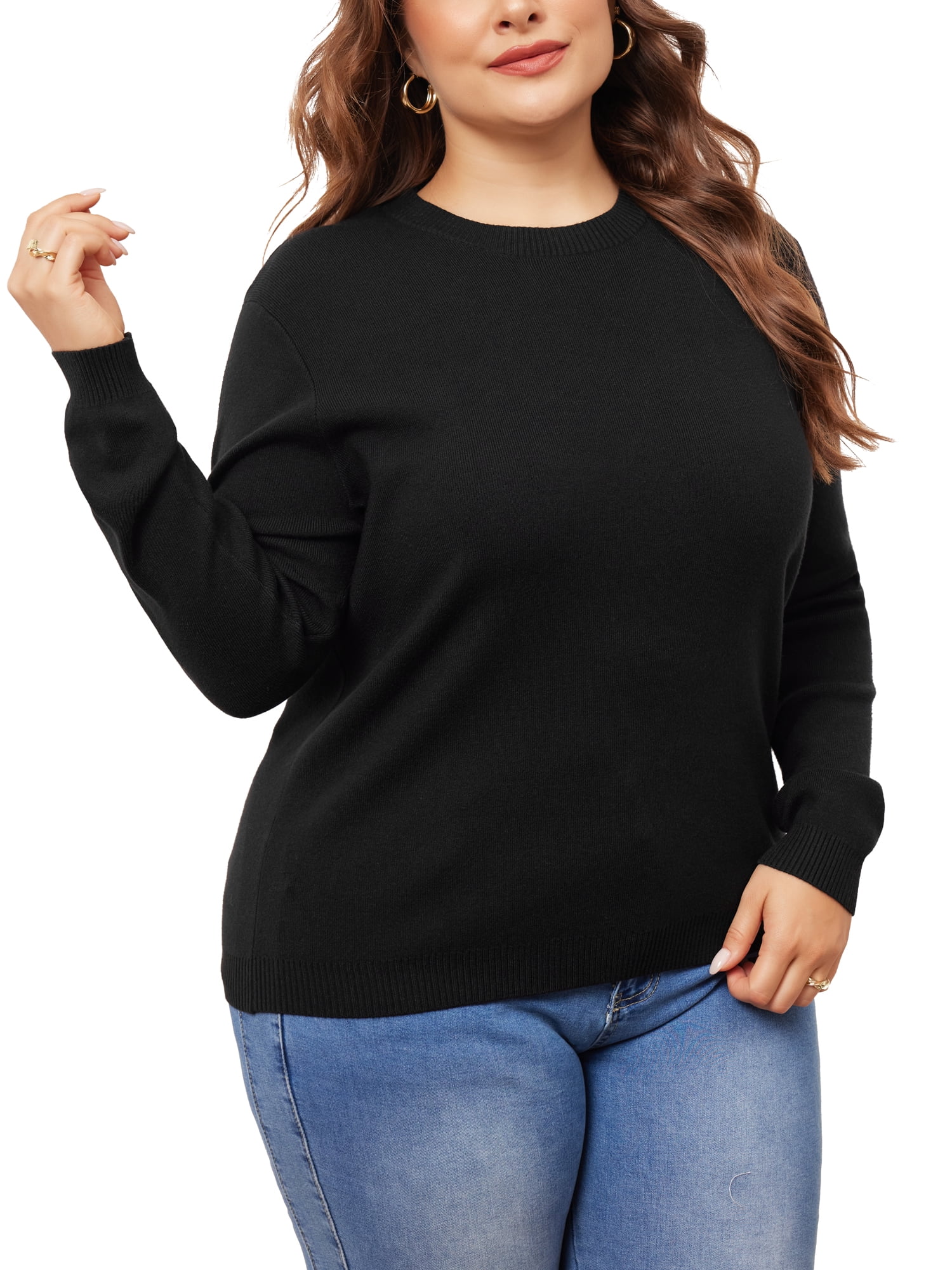 DARING DIVA Plus Size Long Sleeve Crewneck Sweater Fall Casual Tops 1X Black