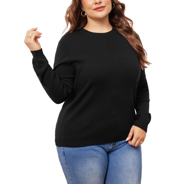 Suéter de mujer de talla grande GRACE & GRANDEUR, camiseta básica de manga larga con cuello redondo, tejido casual, talla 1X, color negro