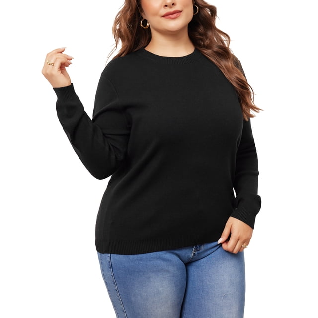 Suéter de mujer de talla grande GRACE & GRANDEUR, camiseta básica de punto de manga larga y cuello redondo, talla 4X, color negro