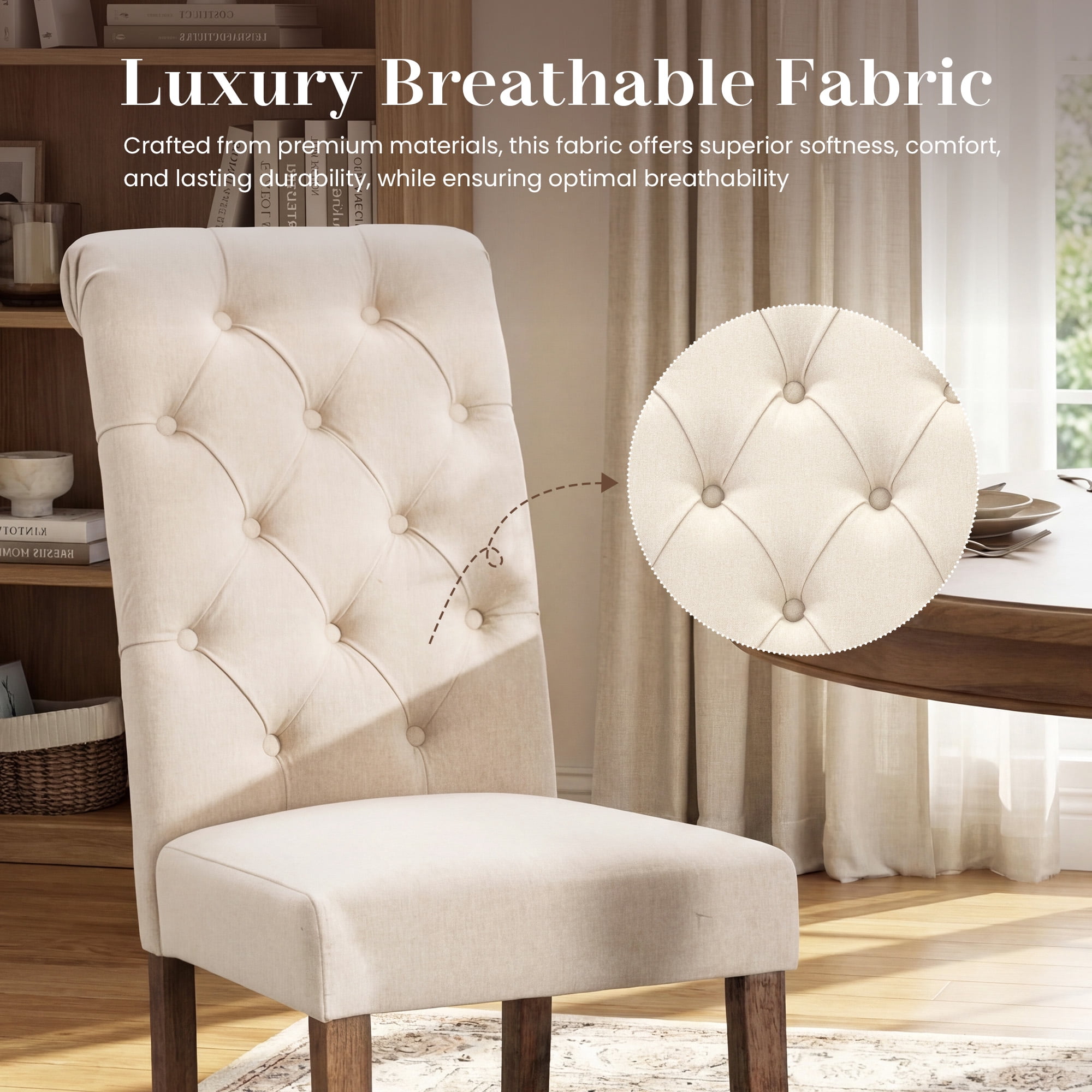 Upholstered Parsons Dining Chairs Set of 2, Button Tufted High Back Kitchen Side Chair for Dining Room, Beige