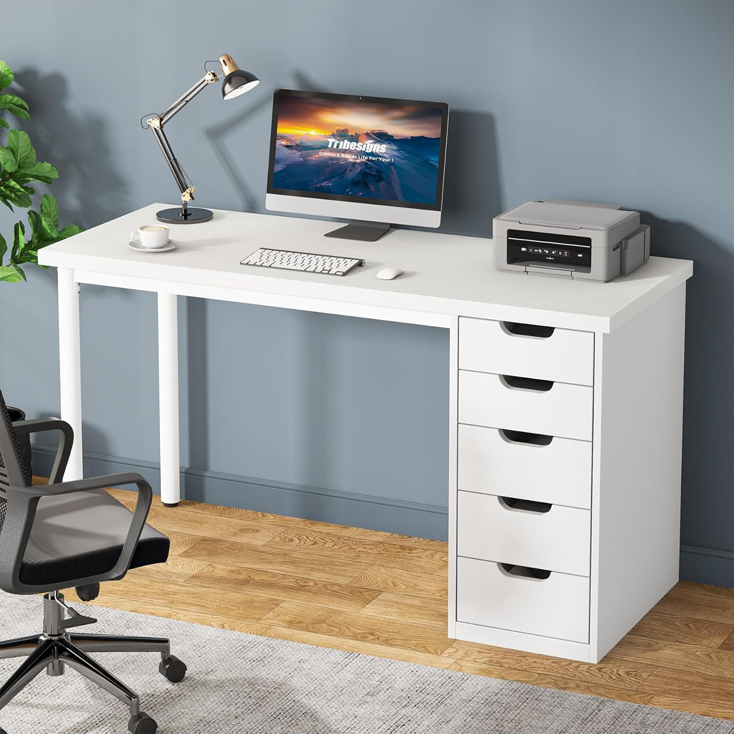 Tribesigns Computer Desk with 5 Drawers, 47 inches Rustic Brown Home Office Desk with Storage