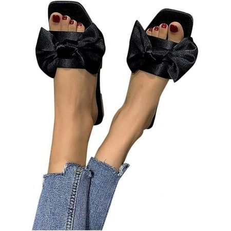 

n/a Shoes Summer Women s Shoes Flat Heel Square Bow Large Size One Character Sandals Flat Casual Slippers (Color : Black Size : 39)