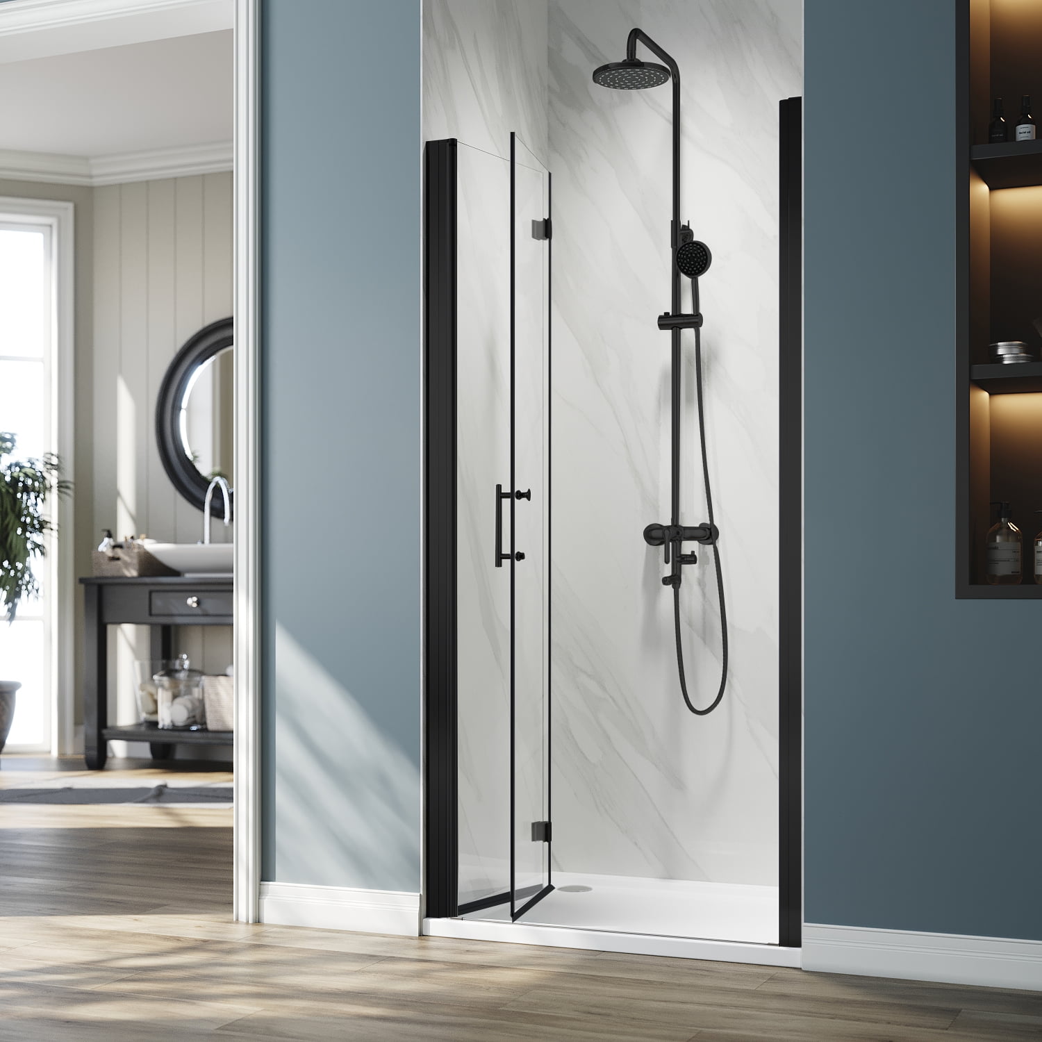 Sunny Shower Matte Black Frameless Bifold 36" x 72" Shower Door 1/4 in. Clear Tempered Glass Panel