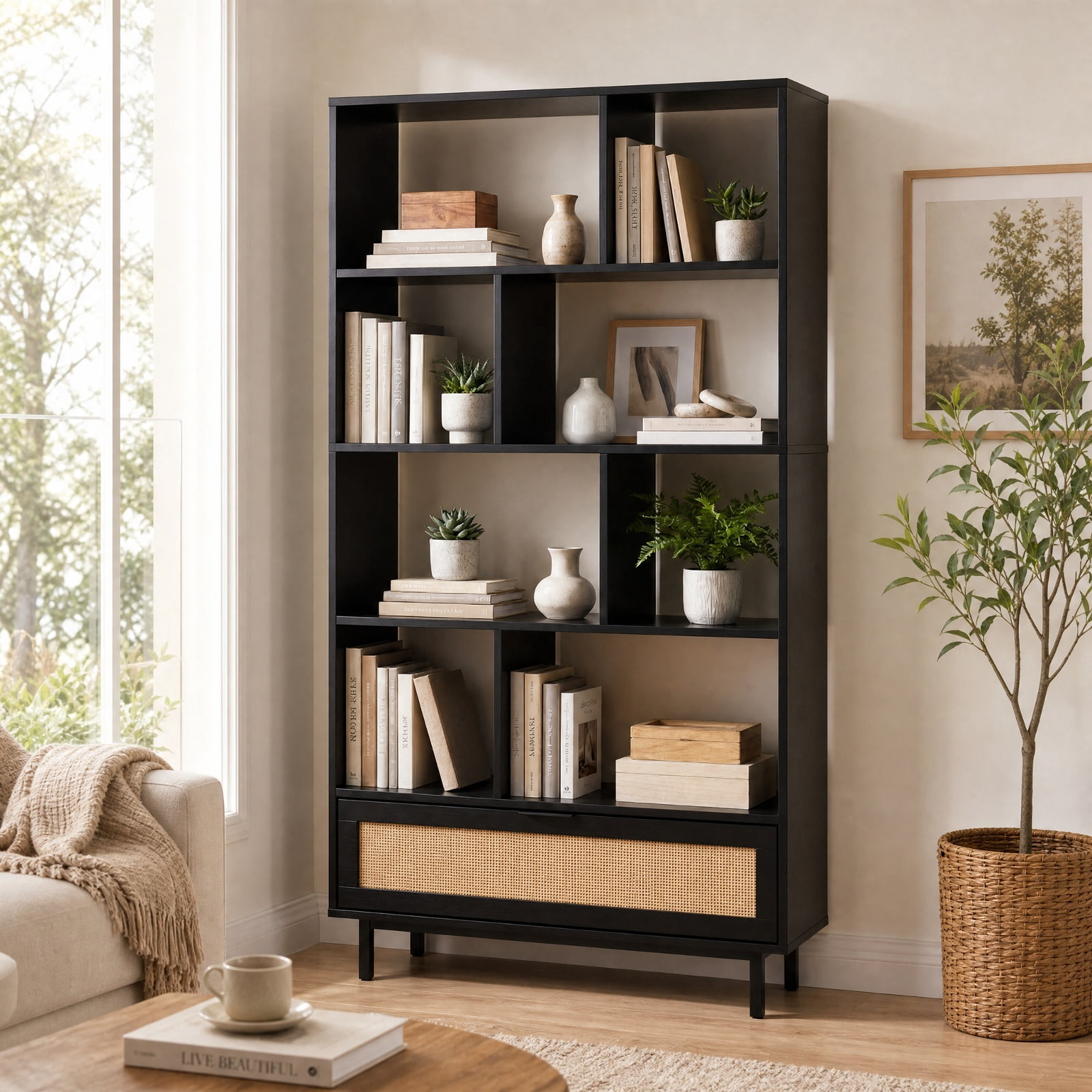 Furnibear 64 inch 6-Tier Tall Wooden Bookcase with 8 Open Cubes for Living Room Home Office Bedroom Display Storage Shelf, Black