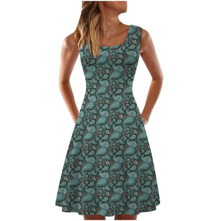 

Ziloco Sleeveless Round-Neck Dress Dress Shoes For Women Women s Casual Summer Tank Sleeveless Knee Length Pleated Round Neck Print Dress