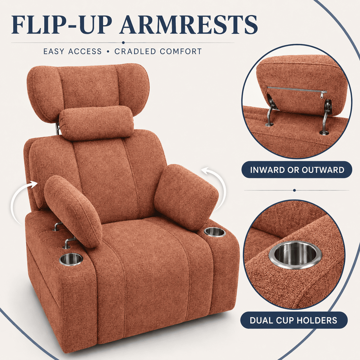 TiramisuBest Swivel Rocking Recliner Chair with Cup Holders,Big and Tall Manual Chenille Lounge Chair for Living Room,Orange