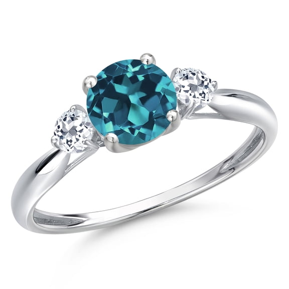 Gem Stone King 10K White Gold London Blue Topaz and White Topaz 3-Stone Ring for Women | 1.38 Cttw | Round 6MM | Gemstone November Birthstone | Size 9