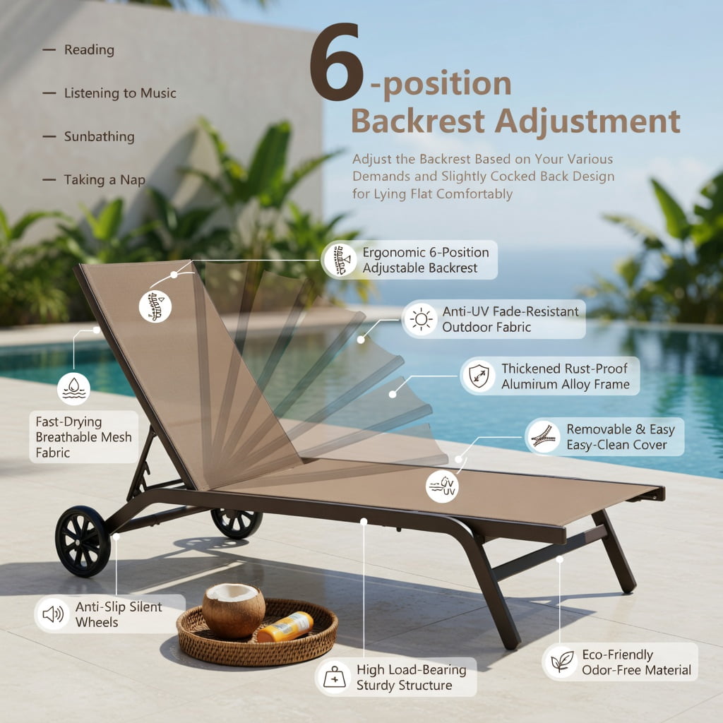 Hommoo 6-Position Adjustable Outdoor Chaise Lounge Chair with Smooth-Rolling Wheels, for Patio, Poolside & Backyard, Brown
