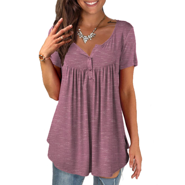 a.Jesdani Womens Plus Size Tunic Tops Short Sleeve Casual Floral Henley