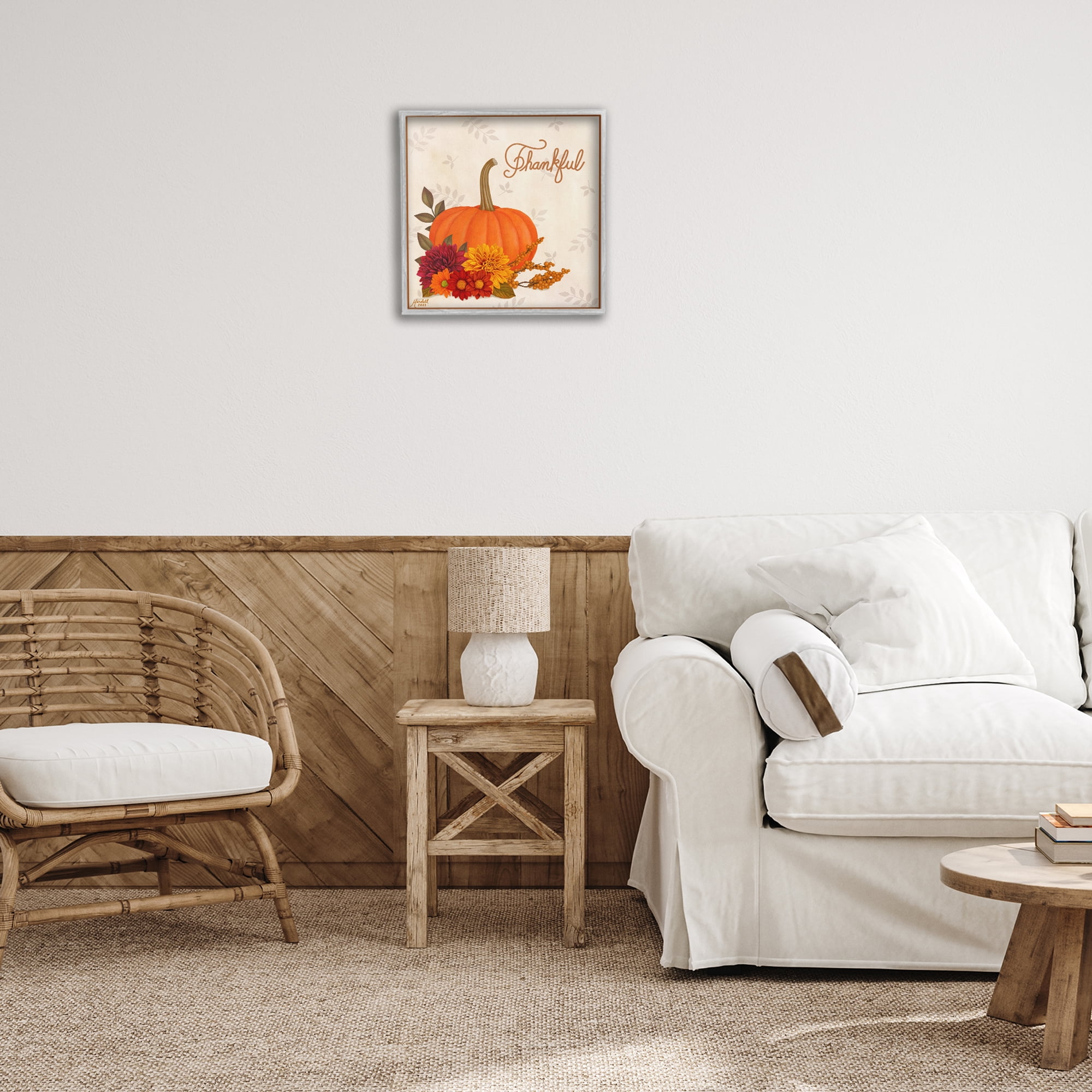 Stupell Industries Thankful Pumpkin & Florals Holiday Painting Gray Framed Art Prints Wall Art, 17 x 17