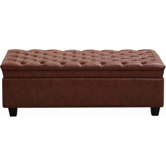 GLZ'HOME 50" Faux Leather Storage Ottoman , Upholstered Rectangle End of Bed Storage Ottoman Tufted Living Room Bedroom  with Safety Hinge, Solid Wood Legs, Loads 500 lb(Brown)