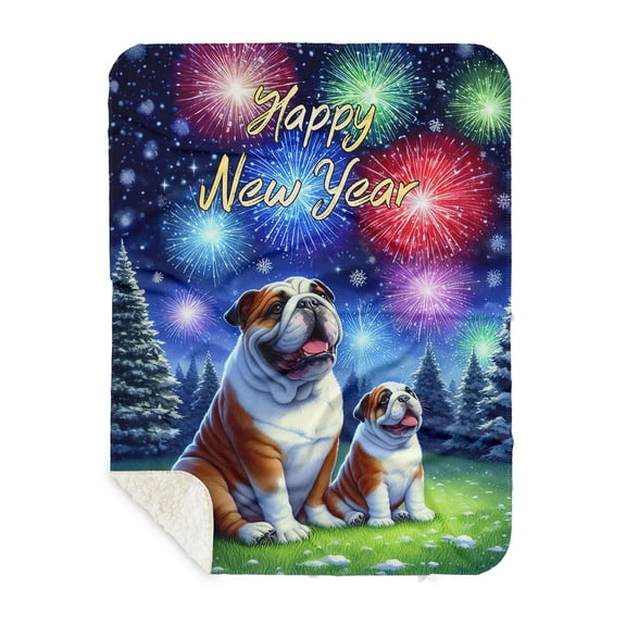 Happy New Year Bulldog Family Cheer Winter Midnight Firework Cozy Sherpa Blanket Dog Lover Gifts Idea Warm Soft Throw Blanket - 02025