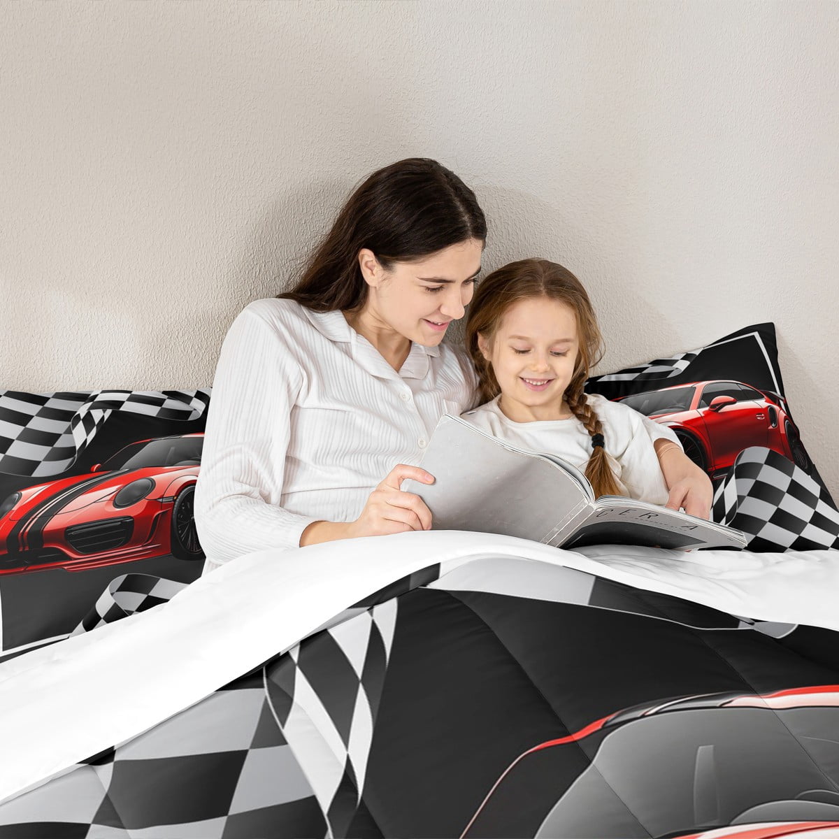 Red Race Car Comforter Set Twin Size,Black White Lattice Bedding Set Teens Room Decor,Extreme Sport Games Quilt Set,Cool Modern Duvet Insert