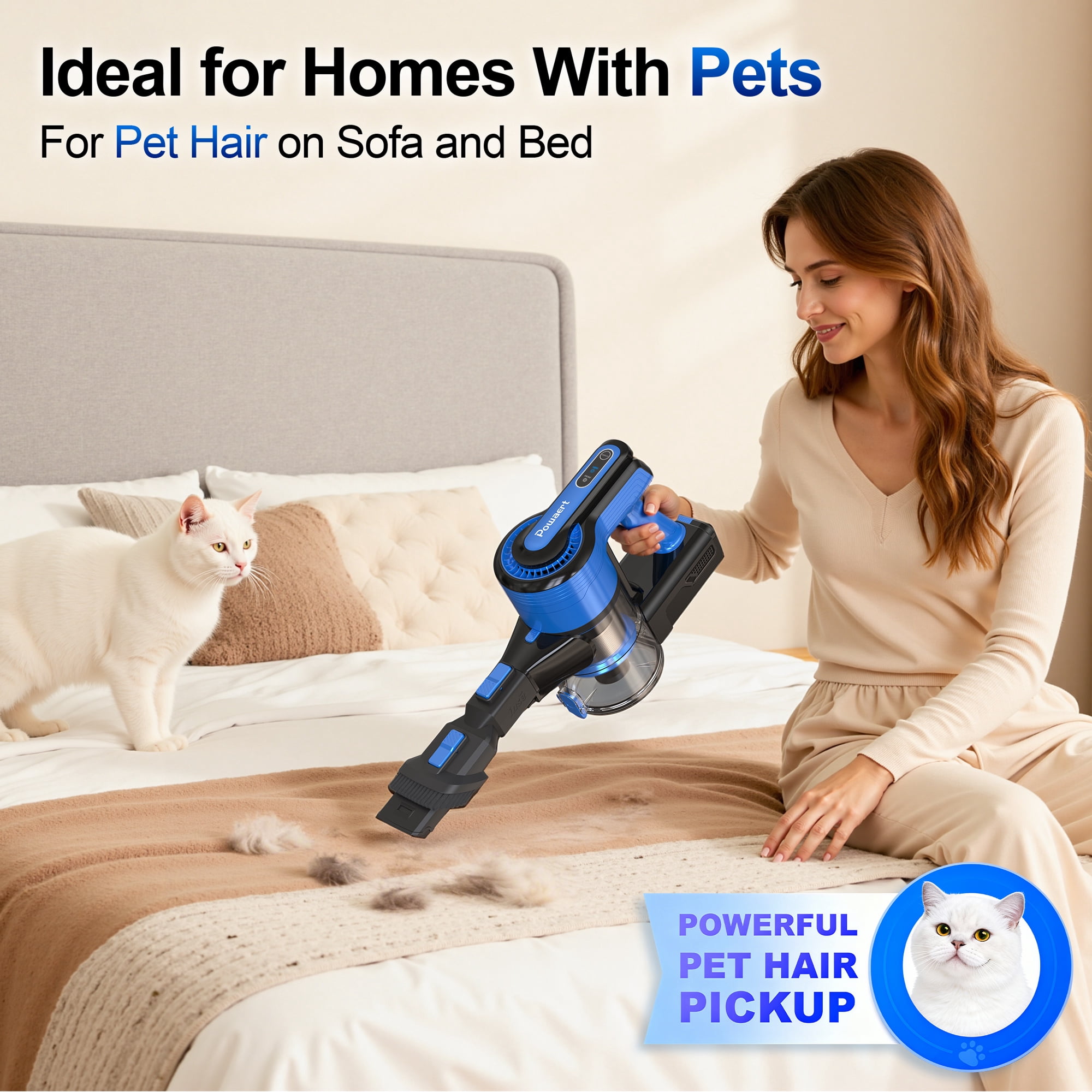 Cordless Vacuum Cleaner, 8 in 1 Powerful Stick Handheld Vacuum, 45Kpa Vacuum Cleaner, 60min Runtime, Lightweight Brushless Stick Vacuum for Hard Floor Carpet Pet Hair by POWEART