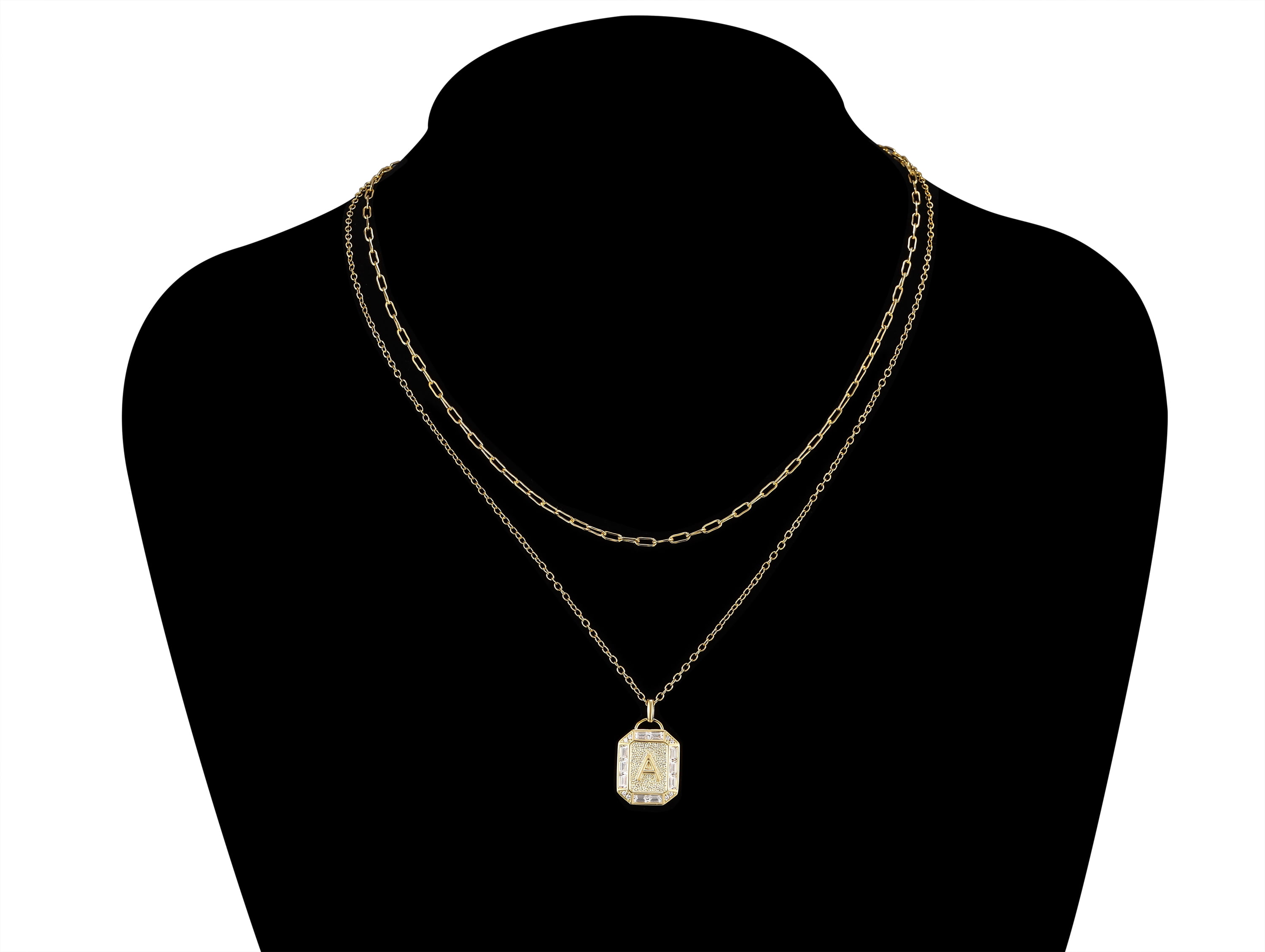 Adult 14KT Gold Flash Plated Initial Double Necklace Set with Simulated Diamonds