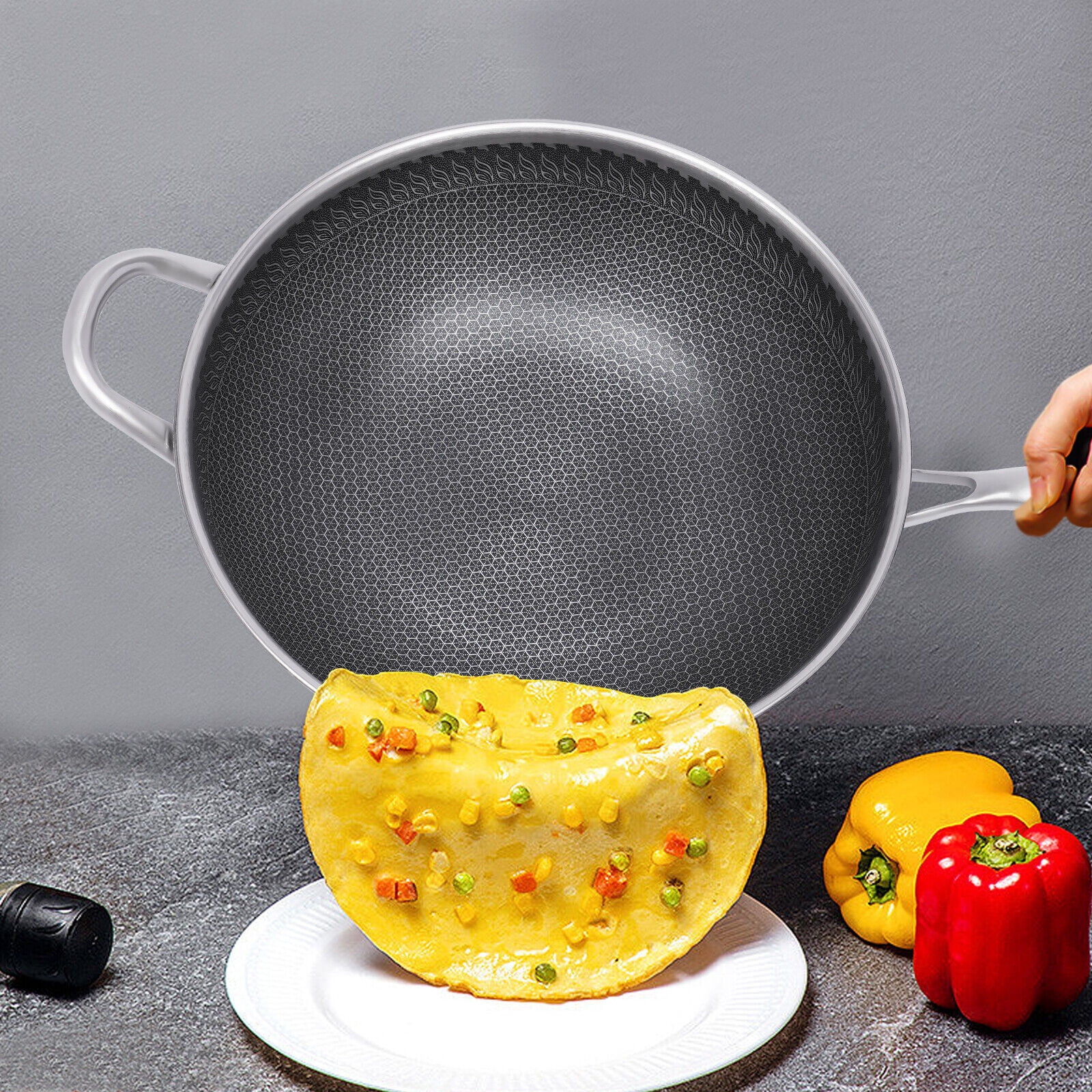 Silver Non Stick Double Sided Honeycomb Cooking Frying Wok Pan with Lid Stainless Steel for Electric Stoves