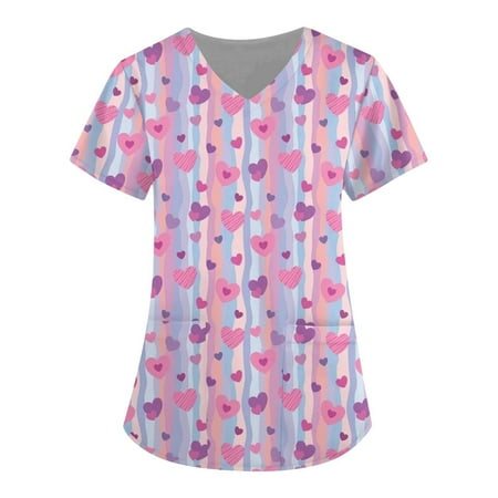 

XFLWAM Valentine s Day Scrub Tops for Women Breathable Heart Pattern V-Neck T-Shirts Tee Scrubs with Pockets Hot Pink XXL