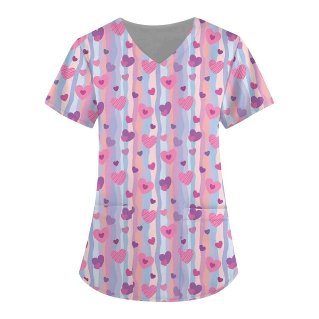 TIMIFIS Hauts de Sarrau de la Saint-Valentin pour Femmes Imprimés Uniforme de Travail à Manches Courtes Col en V Blouse T-shirt de Tenue de Travail avec Poches-Bleu - Printemps
