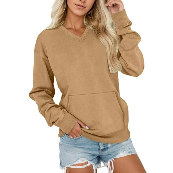 Bibifish Womens Sweatshirts Soft Long Sleeve V Neck Sweatshirts Thermal Winter Wear Cozy Oversized Crewneck Tops With Pockets For Ladies