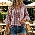 thumbnail image 2 of Noric Women's 3/4 Length Sleeve Tops V Neck Gingham Plaid Casual Loose Fit Lightweight Pullover Shirts, 2 of 8