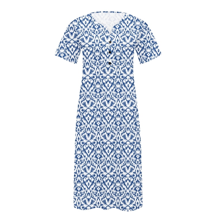 mother's day midi dress CALAFEBILA Ladies Mother's Day Spring Church Flowy Midi Dress Spring V-Neck  Printing Pocket Buttons Mid-Calf Blue Dress
